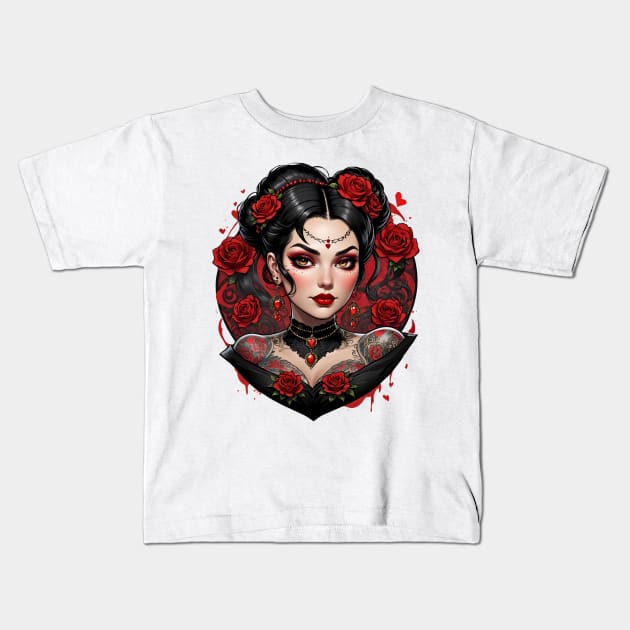 Bohemian retro vintage Gothic tattooed girl valentines day design T-Shirt Kids T-Shirt by Neon City Bazaar